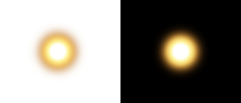 Bright golden sun light effect with warm glowing aura isolated on black background