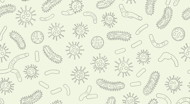 Scientific line art pattern depicting various types of bacteria viruses and microorganisms on a light green background for medical education.