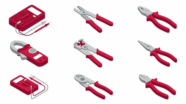 Collection of electrical tools and equipment, including multimeters and various types of pliers, presented in a clean isometric illustration.