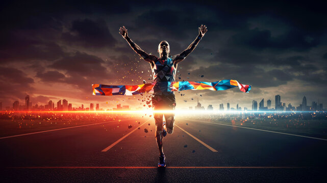 Male runner crossing finish line with colorful ribbon. Abstract athlete celebrating victory. Sports achievement and success concept for competition.