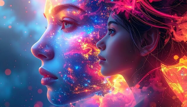 A vibrant, cosmic portrait of two women