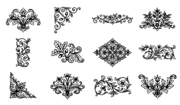 Elegant botanical ornaments vector set with hand drawn floral contour line art scrolls