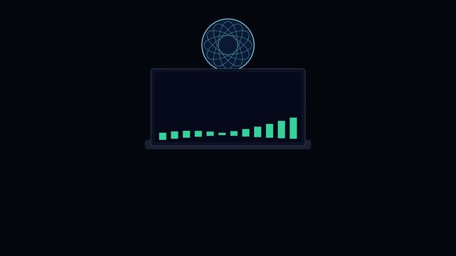 Digital audio spectrum visualizer with animated atom on dark animation background