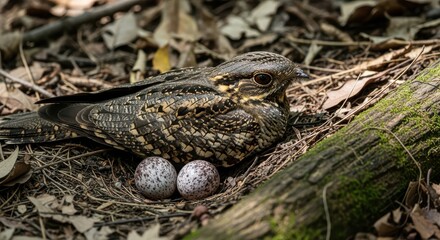 Fototapeta premium Camouflaged Nightjar Bird Nesting on Forest Floor with Two Speckled Eggs in Natural Habitat