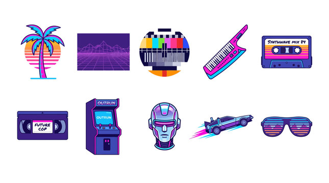 Ten vibrant retrofuturistic digital illustrations featuring 80s neon icons and technology
