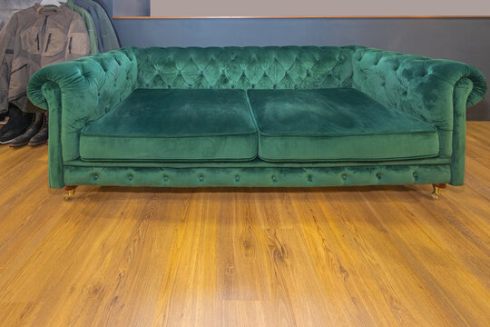 Green Plush Chesterfield Sofa at Laminate Wood Parquet Floor in Living Room