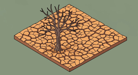 A solitary dead tree stands on cracked dry earth, symbolizing drought and environmental issues. © Agus