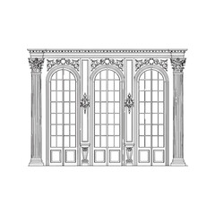 Classic interior wall elevation line art with columns arched windows and vintage decor vector illustration  © Journey