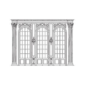 Classic interior wall elevation line art with columns arched windows and vintage decor vector illustration

