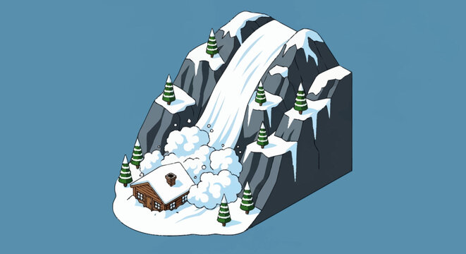 An avalanche cascades down a snow-covered mountain, burying a small wooden cabin.