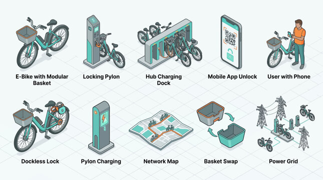 An isometric infographic displays ten ebike sharing system components with labels against a grid background