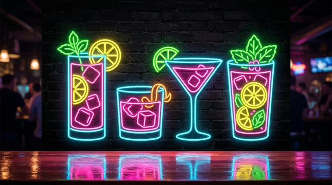 Vibrant neon signs depicting a variety of refreshing cocktails illuminate a stylish bar interior, creating an inviting atmosphere for evening celebrations.
