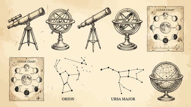 Handdrawn ink illustrations of telescopes armillary spheres lunar cycle charts and constellations on aged paper