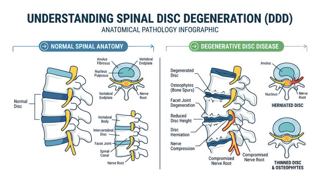 Spinal disc degeneration and normal anatomy pathology infographic