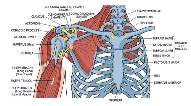 Human shoulder anatomy with labeled muscles bones and ligaments