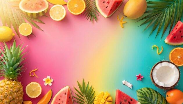 Bright tropical summer sale background with watermelon, pineapple, citrus fruits, and palm leaves