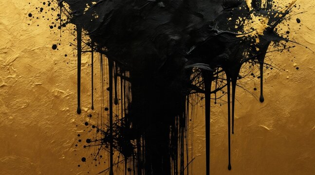 Abstract art featuring black paint splashes and drips on textured gold background. Dynamic contrast, rich metallic sheen, imperfect organic shapes, modern luxury design element.