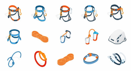 Collection of isometric climbing equipment, including harnesses, ropes, carabiners, and helmets, presented on a white background. © Agus