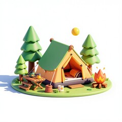 Fototapeta premium Tent and campfire scene with trees and picnic table. Outdoor camping setup offers adventure and relaxation. Sunny day for a family trip or solo journey in nature.
