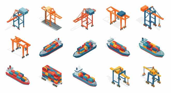 Collection of isometric container ships and gantry cranes for cargo transportation and logistics.