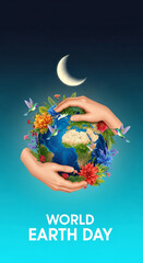 Fototapeta premium Hands cradle a vibrant Earth adorned with flowers and hummingbirds under a crescent moon, symbolizing global care and ecological harmony for Earth Day