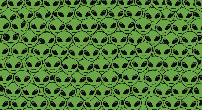 Extremely dense seamless pattern of green alien heads with large black eyes creating a unique and crowded science fiction texture for designs.
