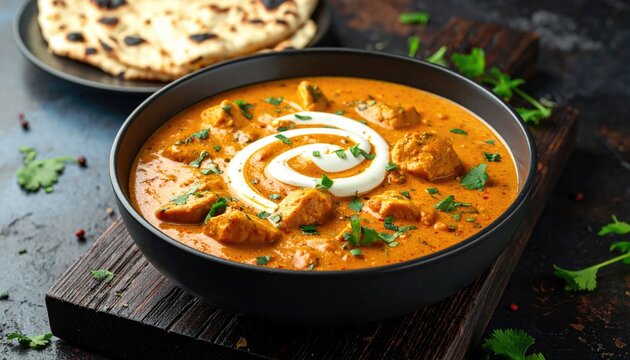 Delicious Butter Chicken Curry with Naan Bread and Fresh Herbs.