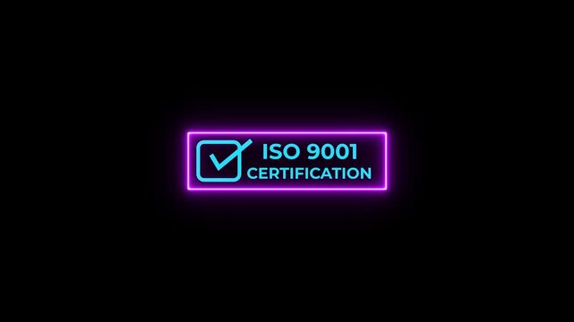 Abstract ISO 9001 certification neon rectangle badge with check mark icon on black background. Certification for international standards. Motion graphics of ISO icons.