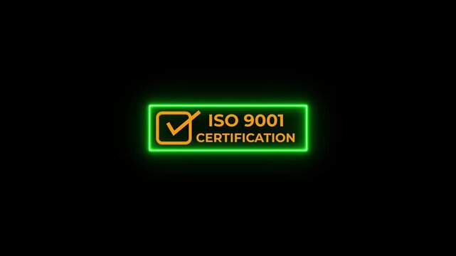 Abstract ISO 9001 certification neon rectangle badge with check mark icon on black background. Certification for international standards. Motion graphics of ISO icons.