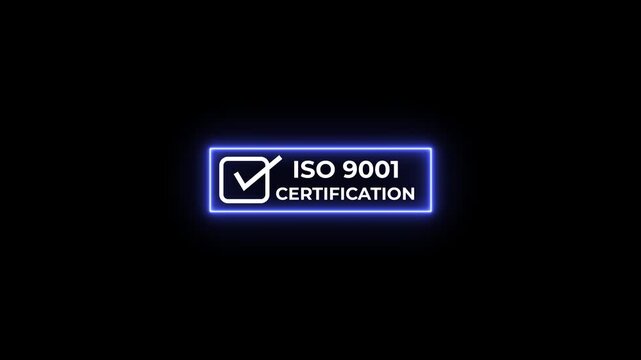 Abstract ISO 9001 certification neon rectangle badge with check mark icon on black background. Certification for international standards. Motion graphics of ISO icons.