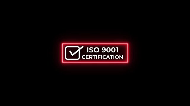Abstract ISO 9001 certification neon rectangle badge with check mark icon on black background. Certification for international standards. Motion graphics of ISO icons.