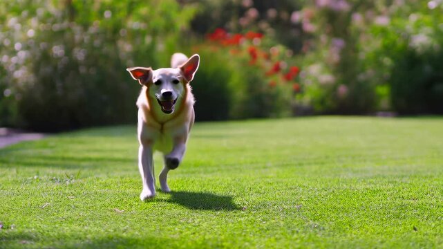 Happy dog running joyfully in a lush green garden. Represents the joy of pet companionship and outdoor playtime