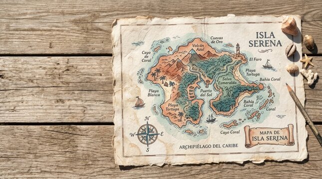 Hand Drawn Map of Isla Serena on Wooden Table