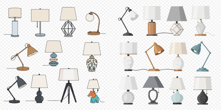 Collection of various modern and classic table lamps, desk lamps, and bedside lights, showcasing diverse designs and styles for home interior decoration.