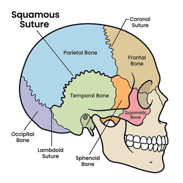 Detailed diagram of human skull bones and sutures.