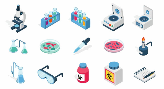 Collection of isometric laboratory equipment and science icons for research and analysis.