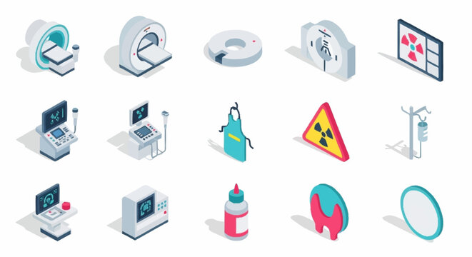 Set of isometric medical equipment icons including MRI scanner, X-ray machine, and other diagnostic tools.