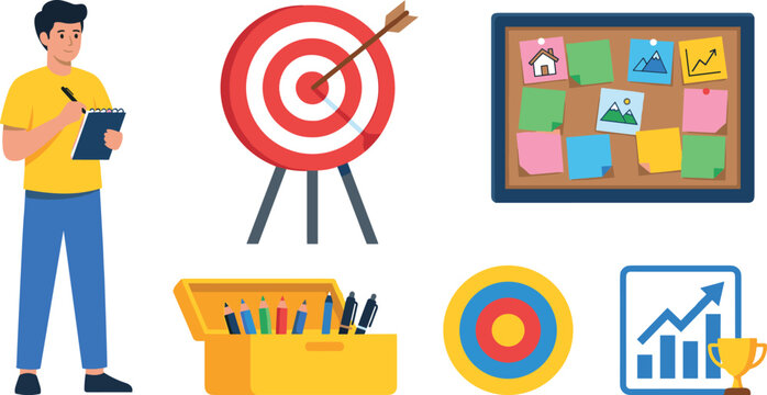 Business goal setting vector illustration set featuring man taking notes target bullseye pinboard notes and trophy graph icon