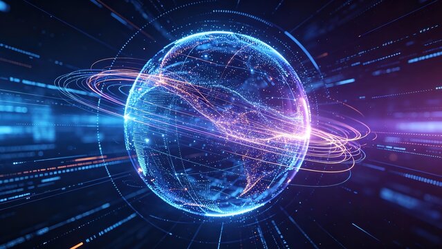 Blue Purple Pixel Rendered Tech Globe, Dynamic Flowing Orange Purple Light Arcs, Horizontal Light Trails and Data Flow, Depth Speed, Strong Light Effect Clean High Tech Background