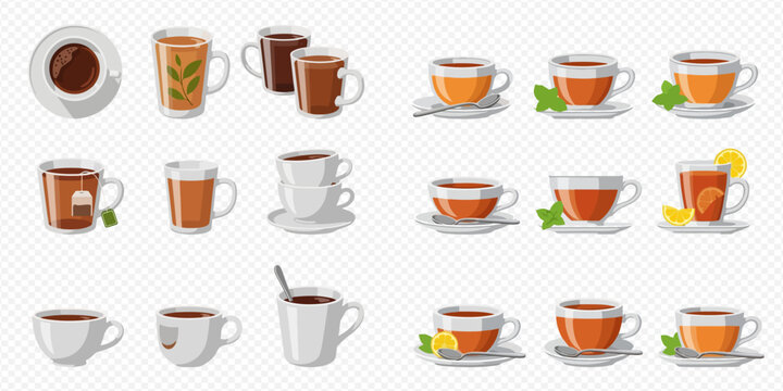 Collection of various hot drinks, including coffee, tea, and herbal infusions, served in different cups and mugs.