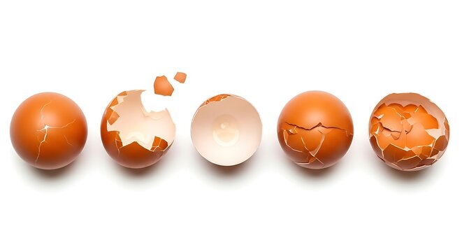 Eggshell cracking sequence Stages of life and change on white background.