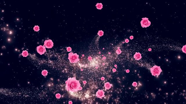 Pink roses floating in a starry galaxy background. A beautiful representation of love, romance, and cosmic beauty