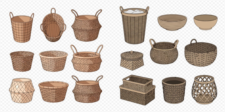 Collection of various hand-drawn woven baskets and storage containers, perfect for home decor and organization.