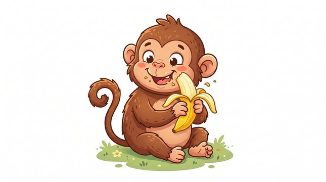 Cheerful cartoon baby monkey sitting on grass eating a banana. Happy brown monkey with curly tail and rosy cheeks, messy eater, cute kids' vector illustration.