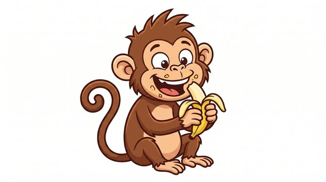 Cheerful cartoon baby monkey sitting on grass eating a banana. Happy brown monkey with curly tail and rosy cheeks, messy eater, cute kids' vector illustration.