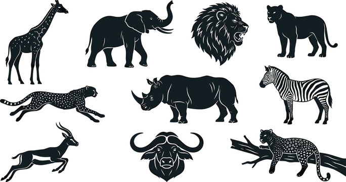 African Big Five Wildlife Silhouette Collection Featuring Elephant Lion Leopard Rhinoceros Buffalo Zebra Giraffe and Antelope Vector Illustration Set