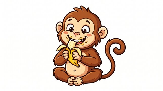 Cheerful cartoon baby monkey sitting on grass eating a banana. Happy brown monkey with curly tail and rosy cheeks, messy eater, cute kids' vector illustration.