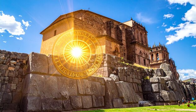 Inti Raymi Colonial Cathedral with Sun Symbol