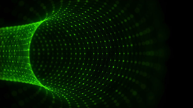 Abstract 3d portal. Tunnel or wormhole. Digital background with connected green dots. 3d rendering.