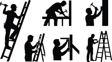 Construction worker and carpenter black silhouette set featuring men climbing ladders hammering nails and using leveling measurement tools © tofajjol studio
